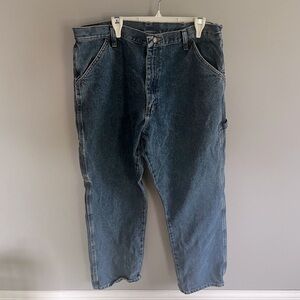 Vintage Rustler Carpenter Jeans Blue Denim Sz 36x32 Lots of pockets Hammer Loop
